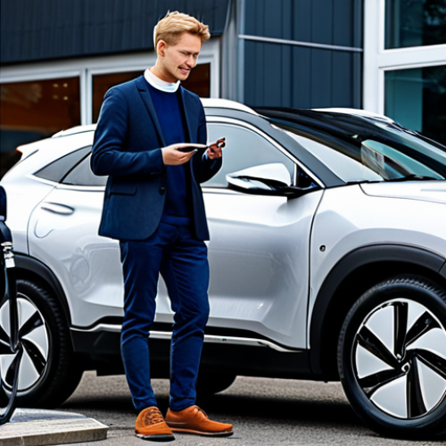 Home 11 A professional shot of a silver Hyundai Nexo parked at a modern, clean hydrogen refueling station, resembling a futuristic energy hub in a bright, well-lit Scandinavian setting. A male subject, fully clothed in a modest, contemporary business jacket and trousers, stands beside the vehicle, casually holding the refueling nozzle, demonstrating the effortless and quick process. The background suggests a clean energy facility or an innovative urban environment. The image emphasizes efficiency and technological advancement. Perfect anatomy, correct proportions, natural pose, well-formed hands, proper finger count, natural body proportions. Safe for work, appropriate content, fully clothed, professional. High-quality professional photography, ultra-detailed, realistic.