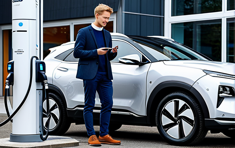 A professional shot of a silver Hyundai Nexo parked at a modern, clean hydrogen refueling station, resembling a futuristic energy hub in a bright, well-lit Scandinavian setting. A male subject, fully clothed in a modest, contemporary business jacket and trousers, stands beside the vehicle, casually holding the refueling nozzle, demonstrating the effortless and quick process. The background suggests a clean energy facility or an innovative urban environment. The image emphasizes efficiency and technological advancement. Perfect anatomy, correct proportions, natural pose, well-formed hands, proper finger count, natural body proportions. Safe for work, appropriate content, fully clothed, professional. High-quality professional photography, ultra-detailed, realistic.