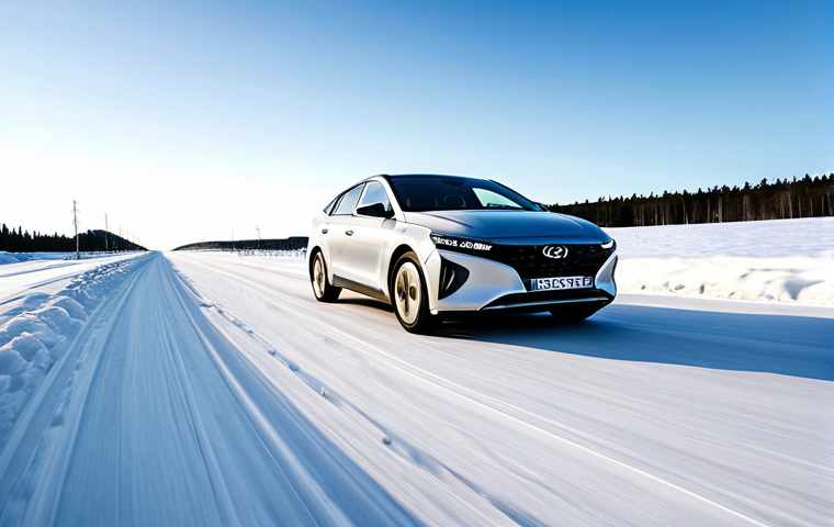A sleek Hyundai Ioniq 6 Long Range electric vehicle, captured in a dynamic low-angle shot, driving confidently on a snow-covered stretch of the E4 highway in Sweden. The scene depicts a classic crisp Swedish winter morning, characterized by clear skies and visible cold air around minus seven degrees Celsius. The road is blanketed in fresh, soft snow, and distant pine forests line the horizon. The image emphasizes the vehicle's robust long-range capability and aerodynamic design, performing efficiently in challenging sub-zero conditions. Professional automotive photography, cinematic quality, high detail, realistic lighting, safe for work, appropriate content, fully clothed, professional, family-friendly, perfect anatomy, correct proportions, natural pose, well-formed hands, proper finger count, natural body proportions.